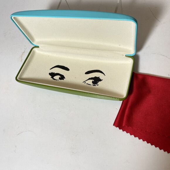 Kate Spade New York Hard Shell Eye Glass Case Logo Blue/Green Cleaning Clith Red - Picture 3 of 5
